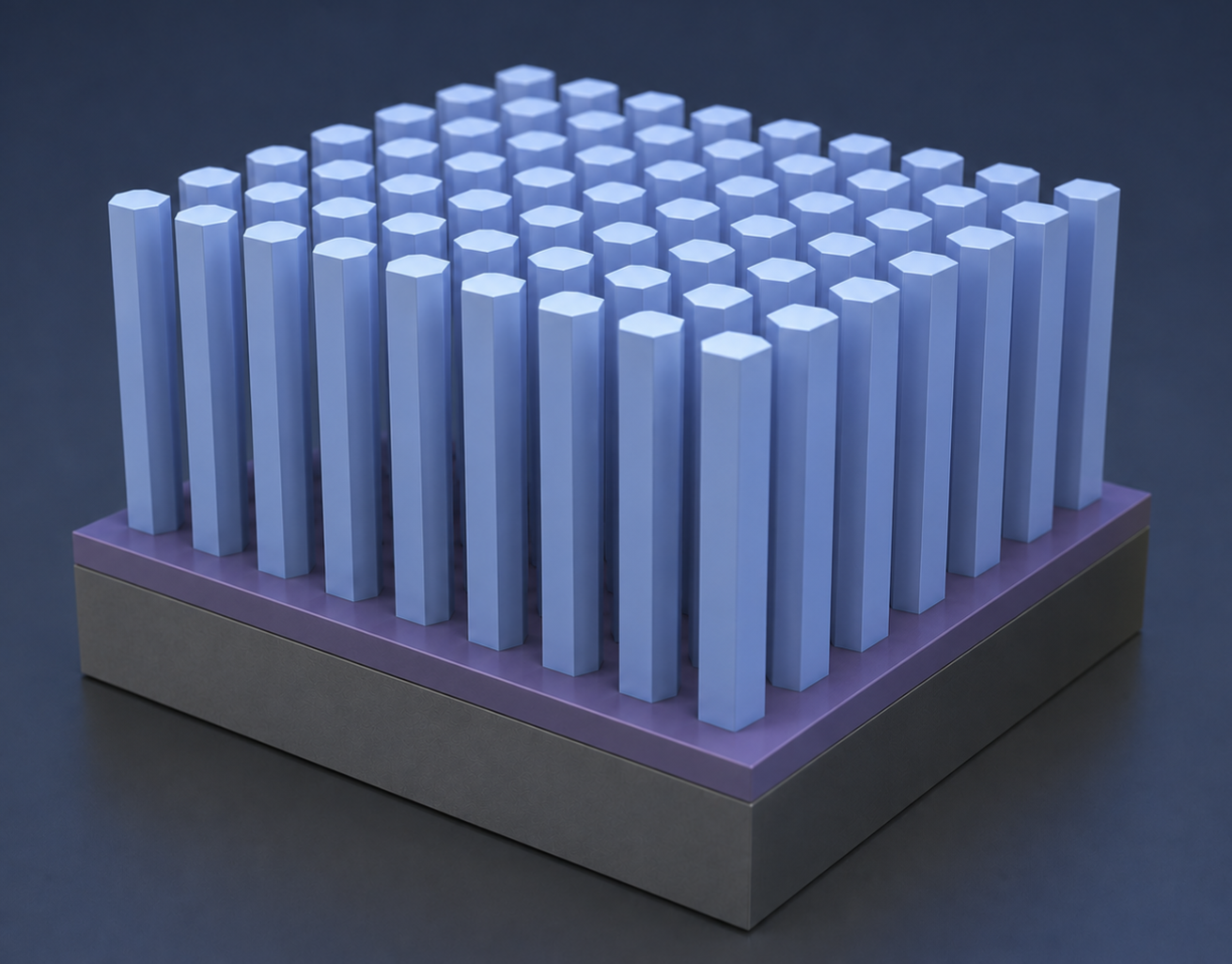 3D visualization of nano grass arranged in a grid pattern on a purple platform with dark base.